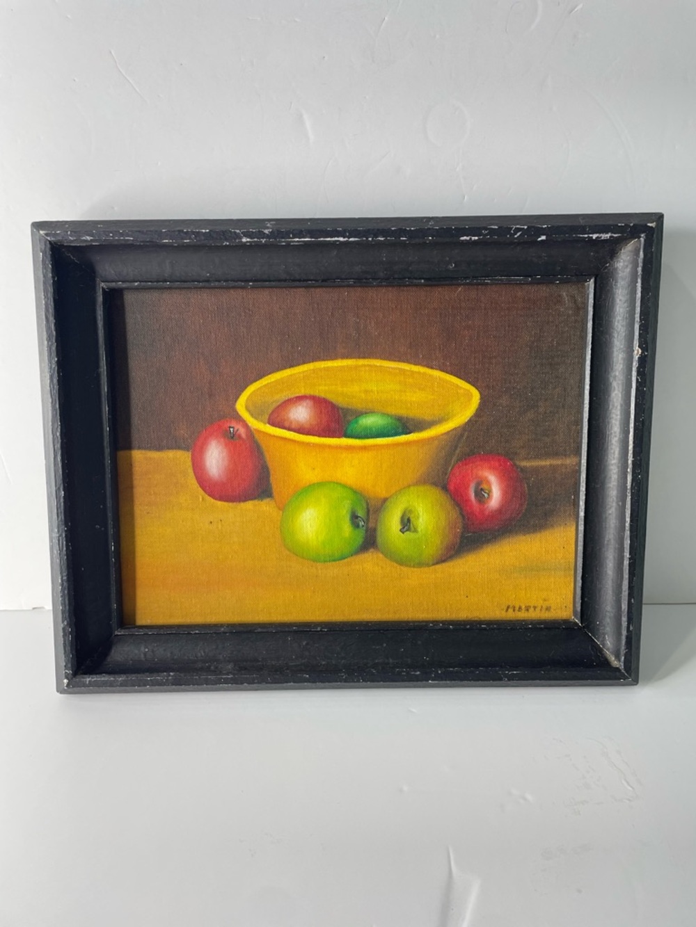 Vintage Still Life Oil Painting J Martin Green Red Apples 9 x 12 Framed Signed